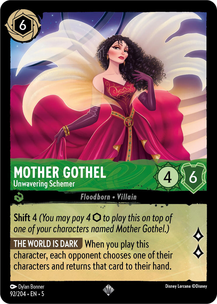 A super rare trading card featuring "Mother Gothel - Unwavering Schemer (92/204) [Shimmering Skies]" from Disney Lorcana. The card depicts Mother Gothel in an elegant red and purple dress with outstretched arms and dark curly hair against shimmering skies. She has a smug expression, with abilities, 4 attack, 6 defense, and an effect called "The World is Dark.