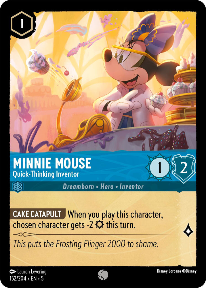 A Disney Lorcana trading card featuring Minnie Mouse - Quick-Thinking Inventor (152/204) [Shimmering Skies] presents her in a pink dress, white gloves, and a yellow bow. She is proudly positioned behind her Cake Catapult with a cake loaded in it. The card's text states that upon play, a chosen character gets -2 Strength this turn. This card has attributes of 1 Cost and 1 Strength.