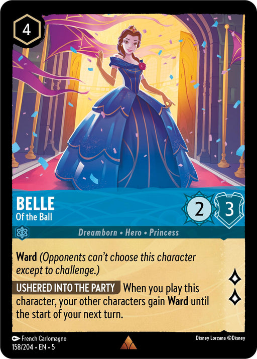 The Disney Lorcana trading card, "Belle - Of the Ball (158/204) [Shimmering Skies]" by Disney, showcases Belle in a stunning blue and purple gown holding a blue rose against a glowing background. This rare card details her abilities, stats (2 offense, 3 defense), and description.