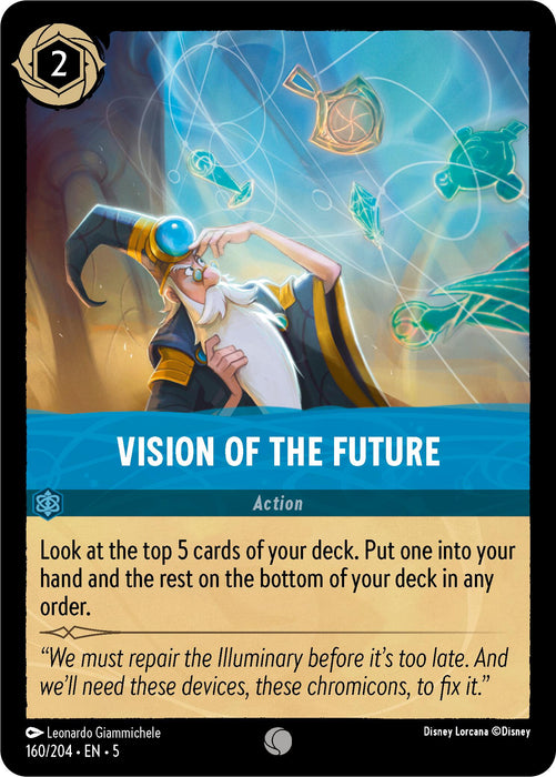 The card "Vision of the Future (160/204)" from Disney's Lorcana: Shimmering Skies series showcases an elderly man with a long white beard and spectacles, clad in a blue wizard hat and robe. He holds a golden scepter while gazing at floating chromicons enveloped in a magical aura. Action text is provided below on the card.