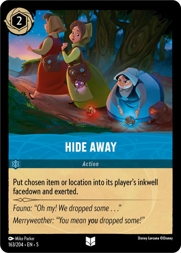 The trading card titled "Hide Away (163/204) [Shimmering Skies]" from Disney features three animated characters in a forest. One character holds a glowing red gem, another carries a shimmering blue gem, and the third looks worriedly at the ground, dropping a bag. The card includes game instructions and an uncommon quote at the bottom.