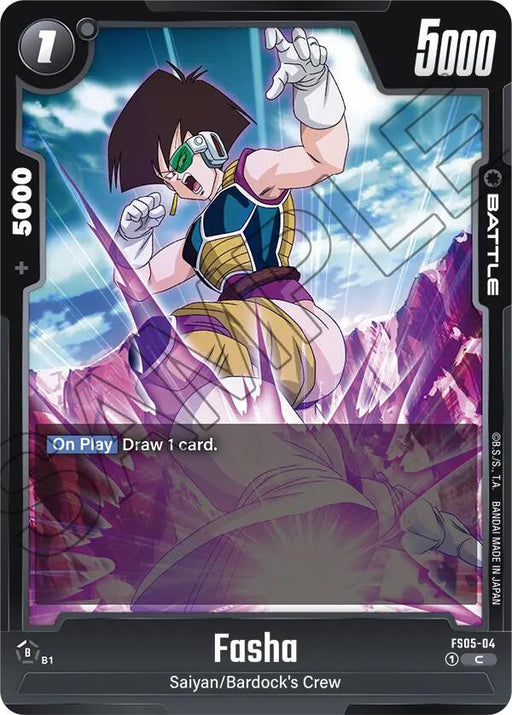 A trading card featuring the fierce anime character Fasha from Dragon Ball Super: Fusion World's Fasha [Starter Deck: Bardock]. She has short black hair and wears yellow and blue armor with white gloves. Posed mid-action with a clenched fist, her power level is 5000, and the text reads "On Play Draw 1 card." Affiliation: Saiyan/Bardock's Crew.