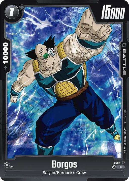 A trading card showcases Borgos, a robust character with untamed dark hair, adorned with a scouter, blue and yellow armor, blue pants, and white boots. He's captured mid-punch against an electric blue cosmic backdrop. The card displays stats: 1 energy, 10,000 power, and 15,000 attack. Text: "Borgos from Starter Deck: Bardock." The product is part of the Dragon Ball Super: Fusion World series.