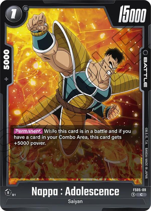 A trading card from the Dragon Ball Super: Fusion World, specifically "Nappa : Adolescence [Starter Deck: Bardock]," showcasing Nappa in a determined battle pose wearing Saiyan armor against an orange background. The card boasts 15,000 power and features a "Permanent" ability that adds +5000 power when there is a card in the Combo Area.