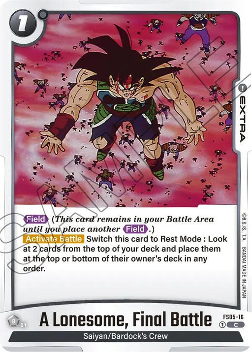 A trading card from the Dragon Ball Super: Fusion World Starter Deck, titled "A Lonesome, Final Battle [Starter Deck: Bardock]," depicts a warrior standing amid a battlefield of fallen foes. Clad in a green and black outfit with a red headband, this member of Bardock's crew features game instructions in the center and bottom.