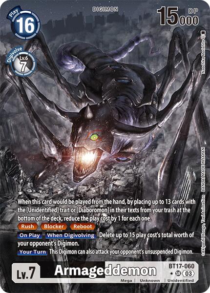 The Digimon card "Armageddemon [BT17-060] (Alternate Art) [Secret Crisis]" showcases a formidable insect-like creature with dark armor and glowing red eyes. This Super Rare card specifies a play cost of 16, a Digivolve cost of 7, 15,000 DP, and special abilities including Rush, Blocker, the ability to delete an opponent's level 5 Digimon, and unsuspending this Digimon.