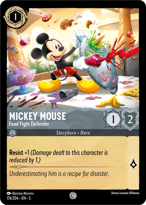 The animated card from Disney's collection, "Mickey Mouse - Food Fight Defender (176/204) [Shimmering Skies]," depicts Mickey Mouse clutching a large spoon as he energetically participates in a food fight. Standing atop a table amid splattered colorful food, this card features the text "Mickey Mouse, Food Fight Defender" and includes attributes of 1 strength and 2 defense, along with a special ability: Resist +1.