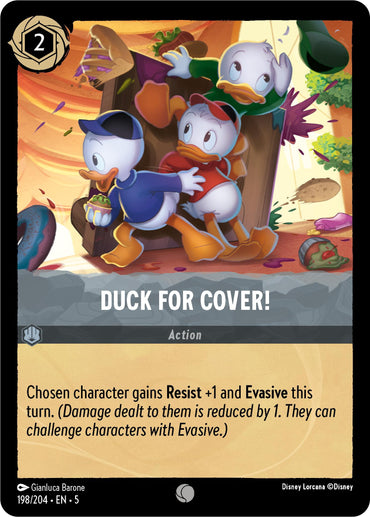 The Disney Lorcana trading card titled "Duck for Cover! (198/204) [Shimmering Skies]" features cartoon ducks in a dynamic scene. One duck is dressed in a green shirt and red hat, another in a blue shirt and red hat, and the last in an orange shirt and cap. All are depicted evasively dodging falling objects under shimmering skies, with text at the bottom describing the card's action.