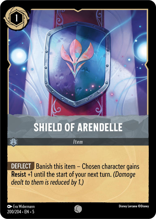 A card titled "Shield of Arendelle (200/204) [Shimmering Skies]" under the Disney brand displays a silver shield decorated with a pink and blue floral pattern, set against a frosty background. This card is priced at 1 mana and features a Deflect ability that grants Resist +1 to a chosen character until the next turn, with additional card details located at the bottom.