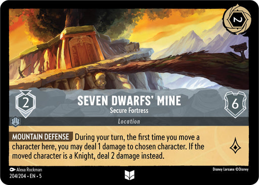 A trading card titled "Seven Dwarfs' Mine - Secure Fortress (204/204) [Shimmering Skies]" from Disney showcases a mountainous landscape with a wooden structure built into the rock. The card features a shield emblem and designates it as a "Location" with 2 strength and 6 willpower. The effect text details the potent "Mountain Defense" ability, which deals damage to a chosen character.