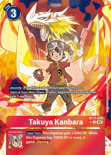 A Digimon trading card, Takuya Kanbara [BT17-079] (Alternate Art) [Secret Crisis], showcases the skilled Tamer holding a device in front of a fiery Digimon. The card, which has a play cost of 3, includes text with effects for "Security" and "Your Turn" actions in the game.