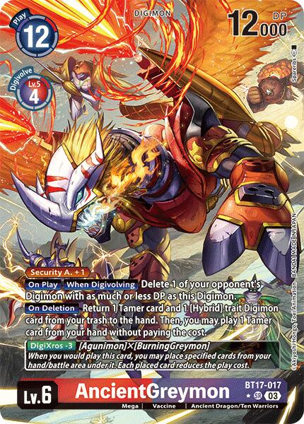 The Digimon card features AncientGreymon, a digital dragon warrior adorned in red armor with yellow and black accents and fiery claws. This Level 6 card has a Play Cost of 12 and boasts DP 12,000. Special abilities are displayed in white text over a fiery background. It’s labeled as BT17-017 with a Super Rare rarity type ★03, from the AncientGreymon [BT17-017] (Alternate Art) [Secret Crisis] product line.