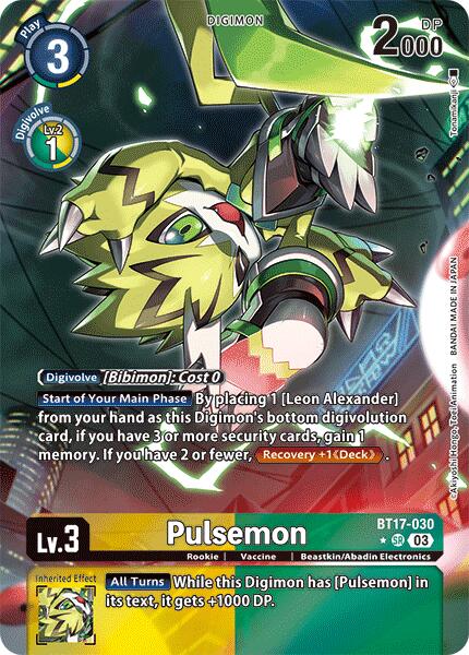 A Pulsemon [BT17-030] (Alternate Art) [Secret Crisis] trading card from the Digimon brand is displayed. This Super Rare collectible card features a main image of Pulsemon, a rookie-level Digimon with a yellow, green, and white color scheme in an action pose. The card details its abilities, level, Digivolve requirements, and DP value of 2000.