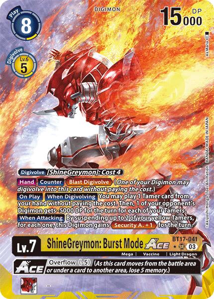 A Digimon trading card featuring the Super Rare "ShineGreymon: Burst Mode ACE [BT17-041] (Alternate Art) [Secret Crisis]." The card is a Level 7 Mega Light Dragon type with 15000 DP and costs 8 to play. Its abilities include Blast Digivolve, On Play, When Digivolving, and Overflow (-5). The illustration depicts a fiery red and silver dragon.