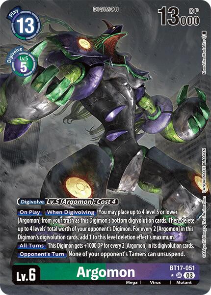 Digital card featuring Argomon [BT17-051] (Alternate Art) from the Digimon series. The mutant green humanoid strikes a powerful stance with intricately detailed armor, glowing green eyes, and metallic wings. The card highlights various stats and abilities, including a play cost of 13 and 13,000 DP.