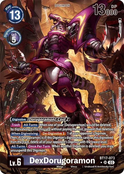 A DexDorugamon [BT17-073] (Alternate Art) [Secret Crisis] Digimon card showcases a powerful, dark, dragon-like creature wielding sharp claws and exuding a menacing aura. This Super Rare card displays its level, power stats, play cost, and a detailed description of its effects and abilities amidst a fiery, chaotic background.