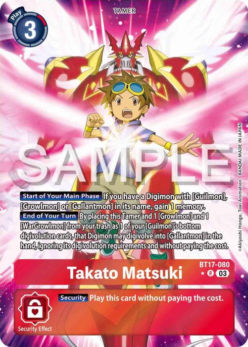 A Digimon card titled "Takato Matsuki [BT17-080] (Alternate Art) [Secret Crisis]" with a play cost of three. The card art depicts a young boy in a Digi-destined outfit, surrounded by digital monsters amidst fiery backgrounds, capturing the essence of Digivolution. Text details game mechanics such as gaining memory and evolving Digimon for free.