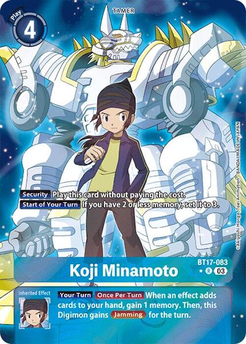 A trading card titled "Koji Minamoto [BT17-083] (Alternate Art) [Secret Crisis]," part of the Digimon series. The card features an anime-style boy in a yellow shirt, gray pants, blue jacket, and headband standing in front of a large armored robotic creature. Text details include play cost, security effects, and inherited effects for gameplay.