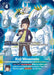 A trading card titled "Koji Minamoto [BT17-083] (Alternate Art) [Secret Crisis]," part of the Digimon series. The card features an anime-style boy in a yellow shirt, gray pants, blue jacket, and headband standing in front of a large armored robotic creature. Text details include play cost, security effects, and inherited effects for gameplay.