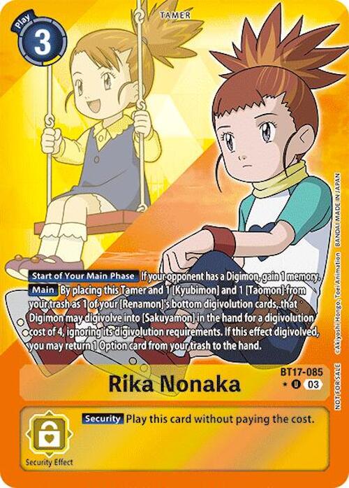 The Digimon card titled "Rika Nonaka [BT17-085] (Alternate Art) [Secret Crisis]" depicts a girl with brown spiky hair tied back, wearing a purple top and riding a swing. The card features an orange background with "Play 3" and "Security" effects. As a Tamer card, it outlines specific gameplay effects and abilities. Text at the bottom of the card reads "Rika Nonaka BT17-085 03".