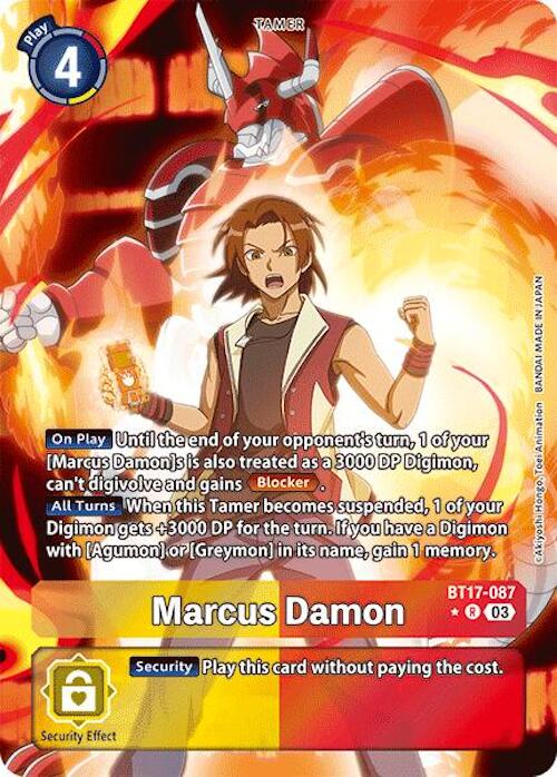 A Digimon card named "Marcus Damon [BT17-087] (Alternate Art) [Secret Crisis]." Marcus, a determined Tamer, is depicted in the foreground with his dinosaur-like partner, Agumon, roaring above him. The card's effects and play instructions are detailed in the text. Marcus is clenching his fist, appearing powerful and ready to act as a Blocker.