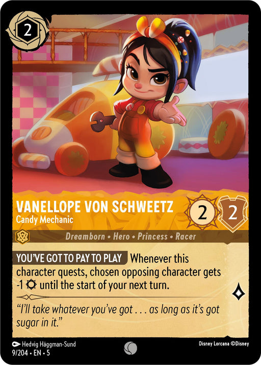 A card from Disney Lorcana, named Vanellope von Schweetz - Candy Mechanic (9/204) [Shimmering Skies], showcases Vanellope Von Schweetz as a Dreamborn Hero Princess and Candy Mechanic with 2 attack and 2 defense. Her special ability reduces an opposing character's attack by one when she quests. The card features thematic artwork depicting Vanellope with a wrench in a candy-themed setting.