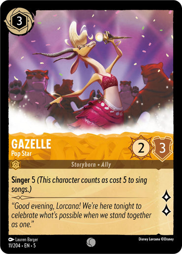 A Disney Lorcana card from the "Shimmering Skies" set, featuring Gazelle - Pop Star (11/204), shows her performing passionately on stage in a pink outfit with a microphone in hand. Surrounded by blurry, smiling fans, she has a power of 2 and toughness of 3, along with the 'Singer 5' ability. The text depicts her introducing a celebration under the Shimmering Skies.