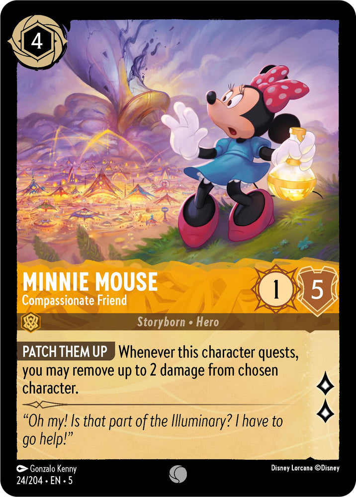 The Disney Lorcana trading card titled "Minnie Mouse - Compassionate Friend (24/204) [Shimmering Skies]" features Minnie Mouse dressed in a blue outfit and holding a lantern. The background displays a glowing fantasy landscape under shimmering skies, and the card includes gameplay information such as her "Patch Them Up" healing abilities.