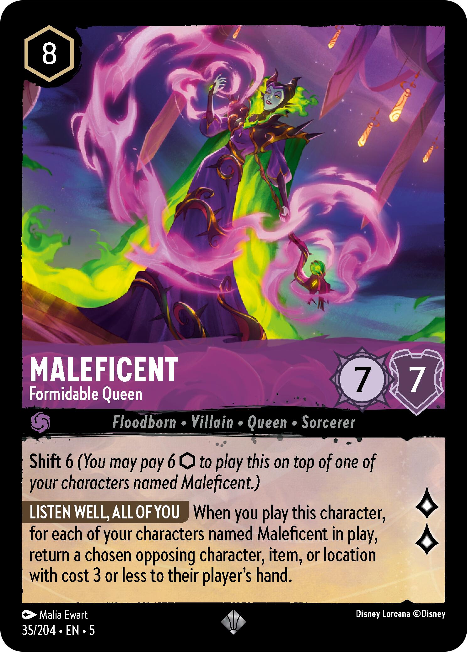 A Lorcana trading card featuring Maleficent - Formidable Queen (35/204) from Disney's Shimmering Skies set. She is depicted in a purple and green outfit, casting spells with swirling pink magic. The super rare card has an 8-cost, a 7/7 attack and defense, and abilities related to characters named Maleficent.