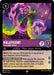 A Lorcana trading card featuring Maleficent - Formidable Queen (35/204) from Disney's Shimmering Skies set. She is depicted in a purple and green outfit, casting spells with swirling pink magic. The super rare card has an 8-cost, a 7/7 attack and defense, and abilities related to characters named Maleficent.