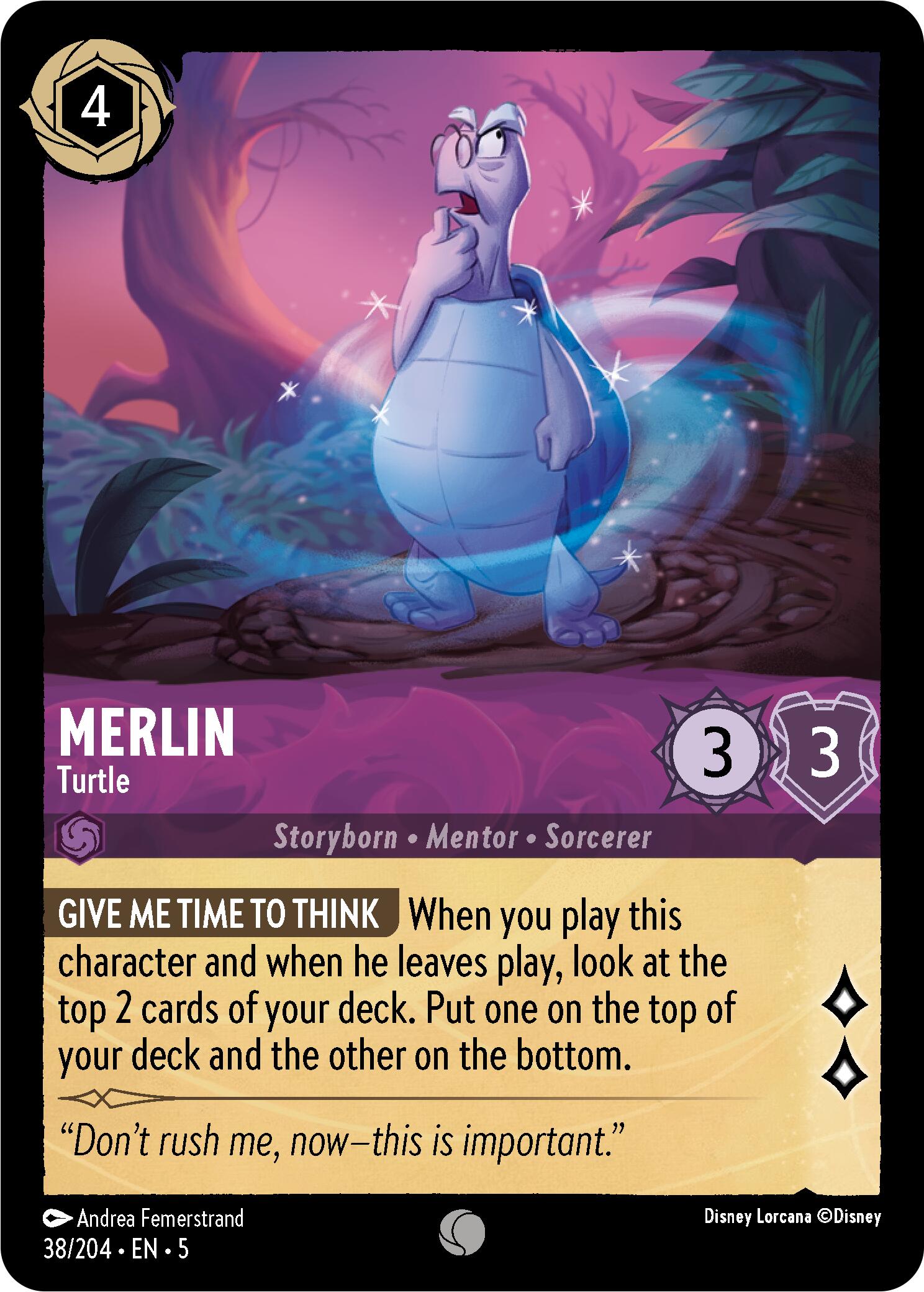 A Disney Lorcana trading card featuring Merlin - Turtle (38/204) [Shimmering Skies] from the Disney brand shows Merlin, a thoughtful turtle, in a whimsical, purple-hued forest under shimmering skies. The card details his story title 