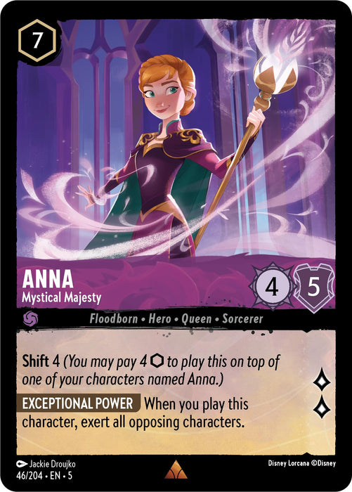 The Disney Lorcana game card titled "Anna - Mystical Majesty (46/204) [Shimmering Skies]" depicts Anna standing in front of arched windows under Shimmering Skies, holding a glowing orb and dressed in a purple gown and cape. The card features Shift 4 and Exceptional Power abilities, with text beneath detailing these capabilities. Copyright Disney.