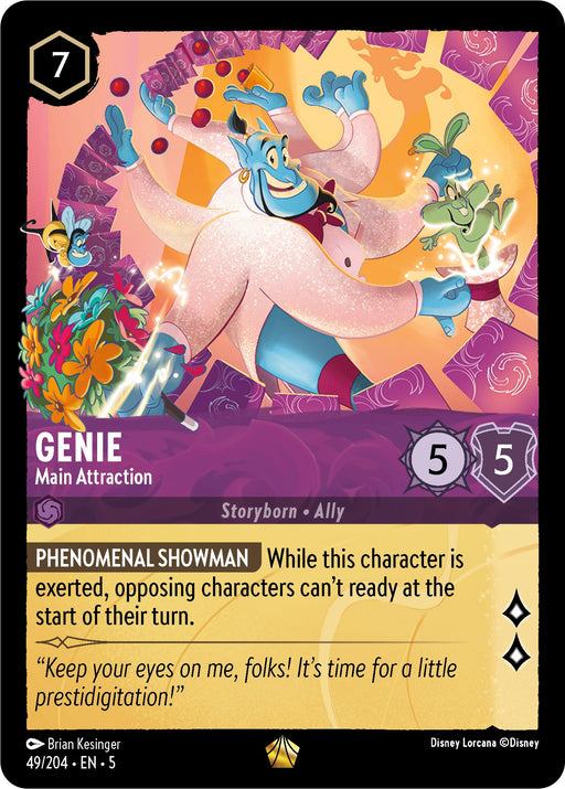 Trading card featuring Genie - Main Attraction (49/204) [Shimmering Skies] by Disney, portraying the iconic blue animated character performing magic tricks. Surrounded by floating fruits, flowers, and a green teacup, he smiles and gestures energetically. The legendary card presents his stats: cost of 7, strength of 5, and willpower of 5. Special ability text and a flavor quote are displayed beneath the illustration.