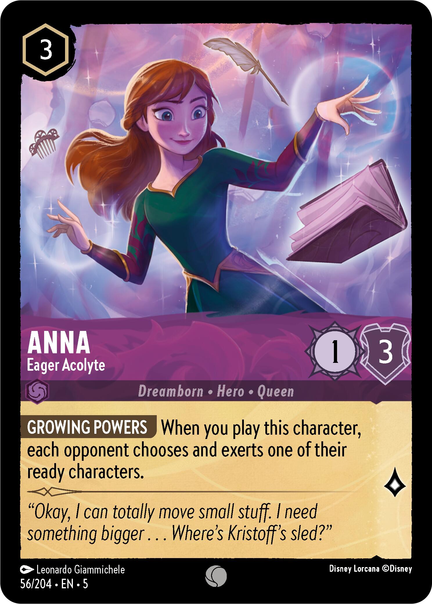 A Disney Lorcana trading card featuring Anna - Eager Acolyte (56/204) from Frozen. She stands confidently with one hand extended towards an open book floating in mid-air. Set under a backdrop of Shimmering Skies, the card's ability, 