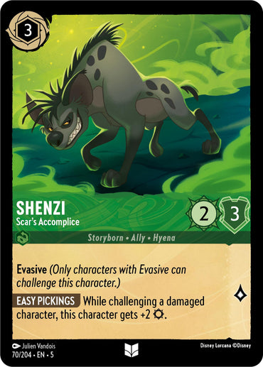 A Disney Lorcana trading card, named "Shenzi - Scar's Accomplice (70/204) [Shimmering Skies]," features Shenzi from "The Lion King" depicted as a hyena with a mischievous smile against a green background. The card text highlights her abilities: "Evasive" and "Easy Pickings." Illustrated by Julien Vandois, it is card number 70 out of 204.