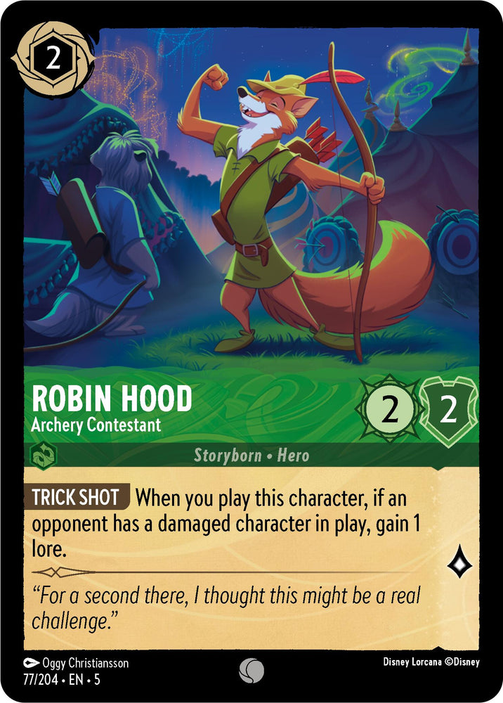 The Disney Lorcana trading card "Robin Hood - Archery Contestant (77/204) [Shimmering Skies]" features an anthropomorphic fox in a green outfit and feathered cap, holding a bow. He stands triumphantly under Shimmering Skies in an archery setting. This card costs 2 ink with 2/2 power/toughness and includes the "Trick Shot" ability.