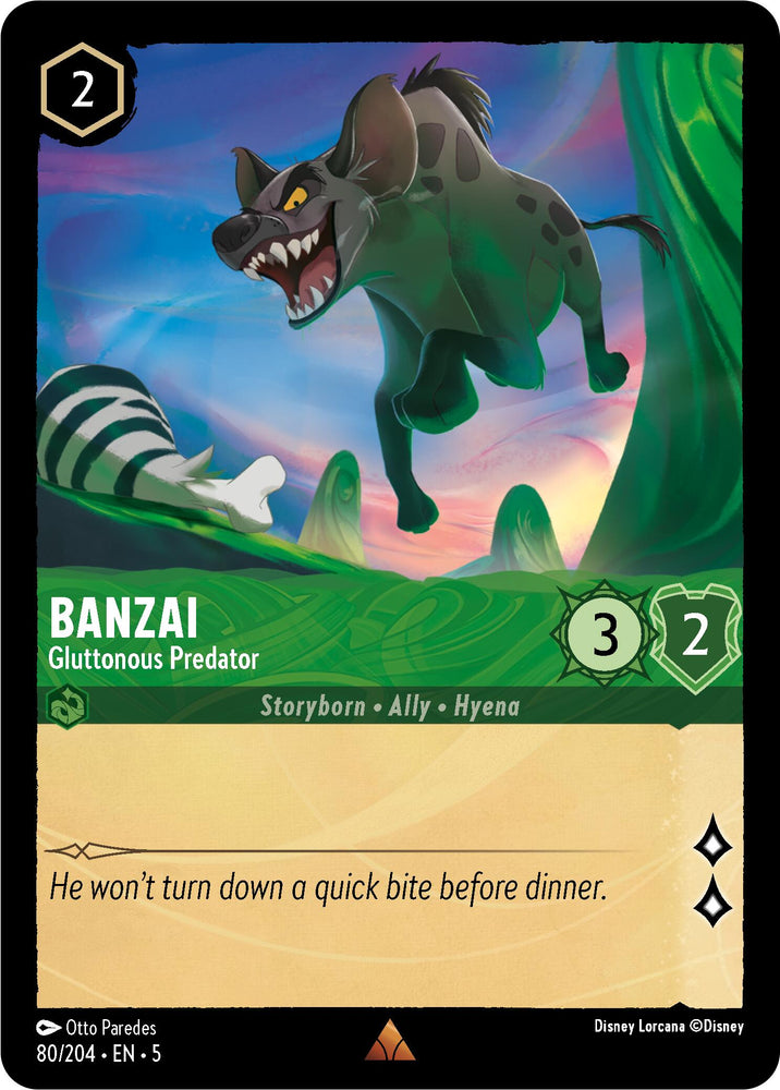 The Disney Lorcana trading card "Banzai - Gluttonous Predator (80/204) [Shimmering Skies]" features a rare depiction of a hyena named Banzai with a mischievous grin, leaping against a backdrop of vibrant, shimmering skies. This card has attributes of 2 cost, 3 strength, and 2 willpower. The caption reads, "He won't turn down a quick bite before dinner.