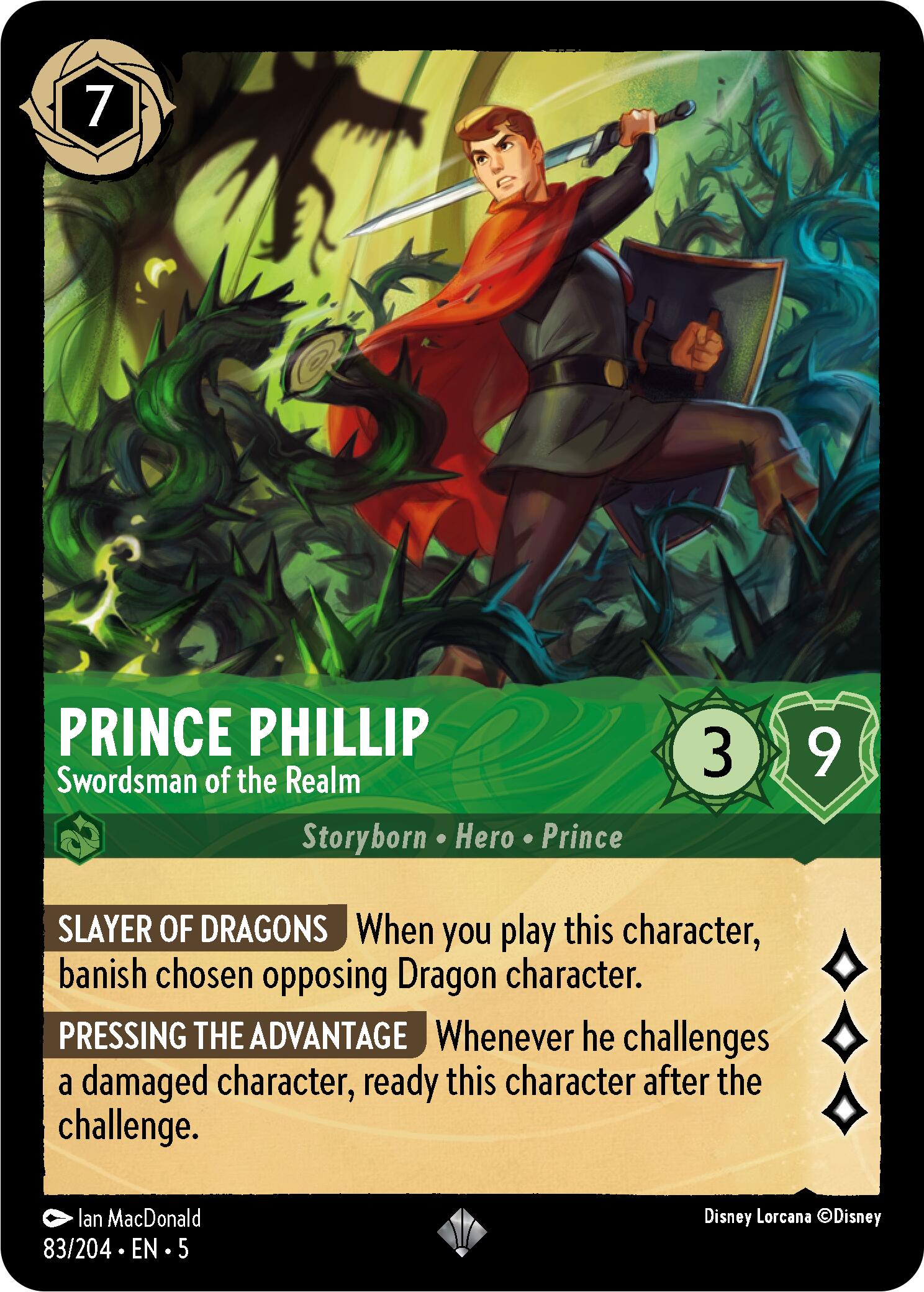 Introducing the Disney Lorcana trading card: Prince Phillip - Swordsman of the Realm (83/204) [Shimmering Skies]. This Super Rare card features Prince Phillip in an action pose, wielding a sword surrounded by swirling green vines. The card details include a cost of '7', attack '3', and defense '9'. Special abilities showcased are 