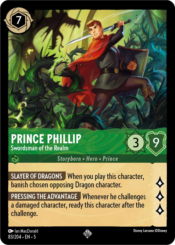 Introducing the Disney Lorcana trading card: Prince Phillip - Swordsman of the Realm (83/204) [Shimmering Skies]. This Super Rare card features Prince Phillip in an action pose, wielding a sword surrounded by swirling green vines. The card details include a cost of '7', attack '3', and defense '9'. Special abilities showcased are "Slayer of Dragons" and "Pressing the Advantage.