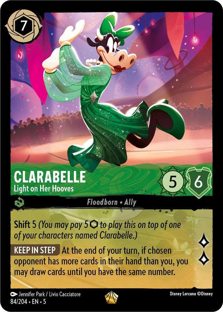 A Disney Lorcana trading card titled "Clarabelle - Light on Her Hooves" (84/204) [Shimmering Skies], featuring the Legendary Clarabelle dressed in a green outfit, dancing under shimmering skies. The card lists a cost of 7 and stats of 5 strength and 6 willpower, with abilities Shift 5 and Keep in Step, which allows her to draw cards if an opponent has more cards in hand.