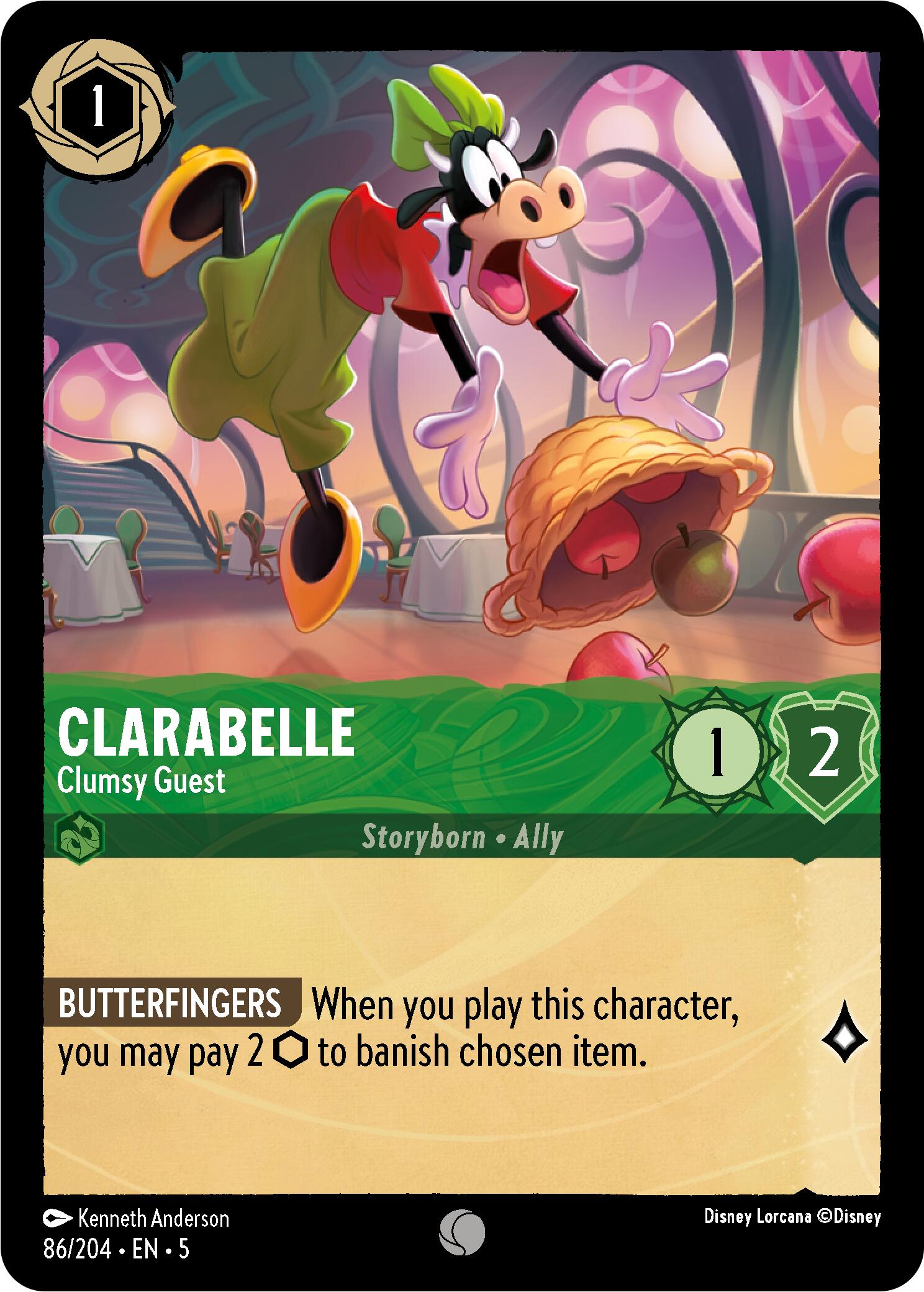 A card from the Disney Lorcana game, named Clarabelle - Clumsy Guest (86/204) [Shimmering Skies], features the character Clarabelle Cow clumsily tripping and dropping a basket of apples. This card has a cost of 1, an attack of 1, and a defense of 2. It also includes the ability 