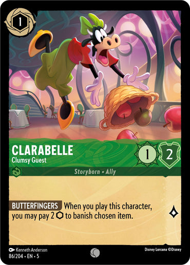 A card from the Disney Lorcana game, named Clarabelle - Clumsy Guest (86/204) [Shimmering Skies], features the character Clarabelle Cow clumsily tripping and dropping a basket of apples. This card has a cost of 1, an attack of 1, and a defense of 2. It also includes the ability "Butterfingers.