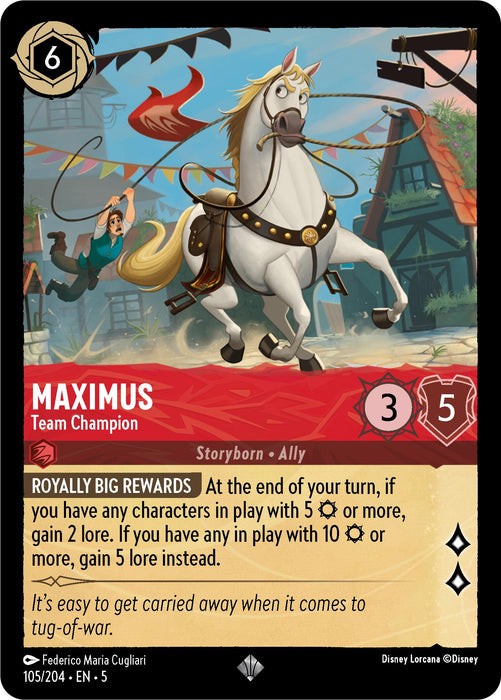 A Disney Lorcana trading card named "Maximus - Team Champion," depicting Maximus, a white horse in motion. This Super Rare card, number 105/204 from the Shimmering Skies set, has stats showing 6 cost, 3 attack, and 5 defense. The card text details Maximus's ability "Royally Big Rewards," which provides resource bonuses based on the characters in play. The background showcases a medieval village.