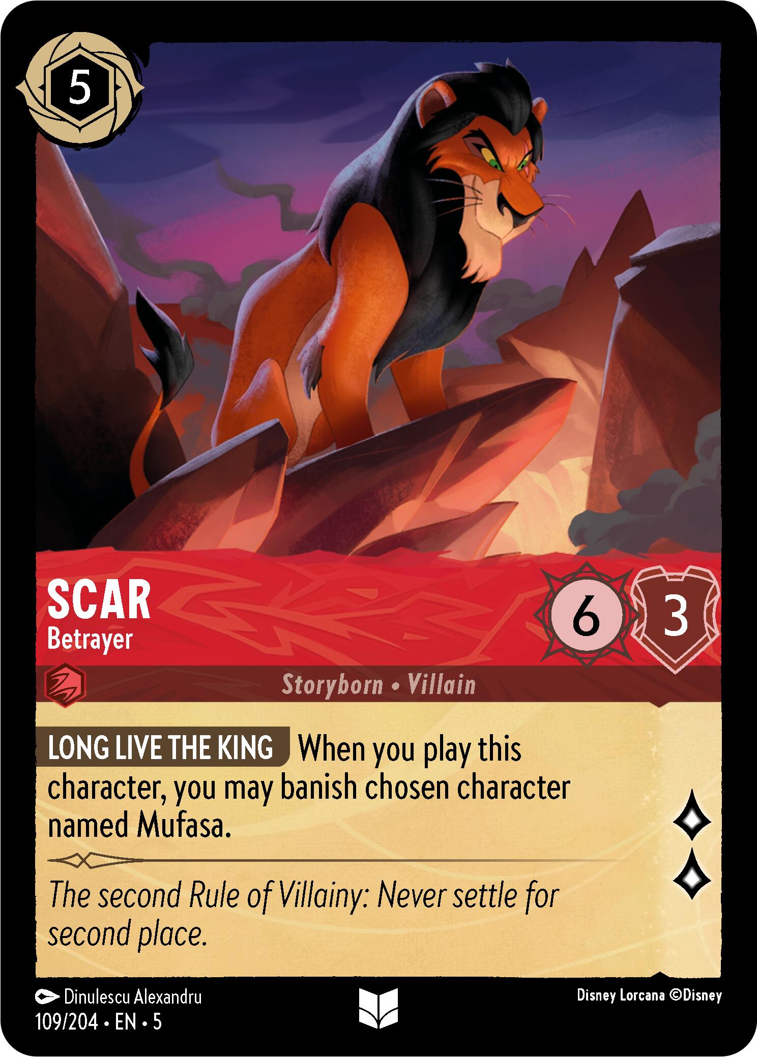 An illustrated playing card from Disney, Scar - Betrayer (109/204) [Shimmering Skies], features Scar, a menacing lion with a dark mane, standing on a rocky platform under shimmering skies. The card details include attributes of 6 attack and 3 defense, along with a special ability called 