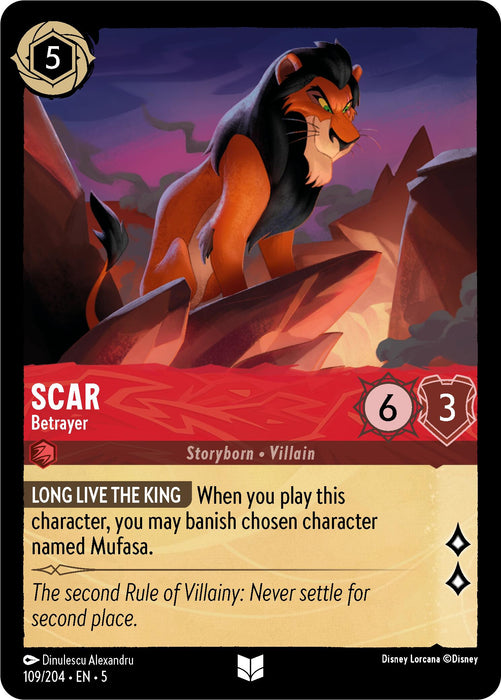 An illustrated playing card from Disney, Scar - Betrayer (109/204) [Shimmering Skies], features Scar, a menacing lion with a dark mane, standing on a rocky platform under shimmering skies. The card details include attributes of 6 attack and 3 defense, along with a special ability called "Long Live the King," which allows the banishment of Mufasa.