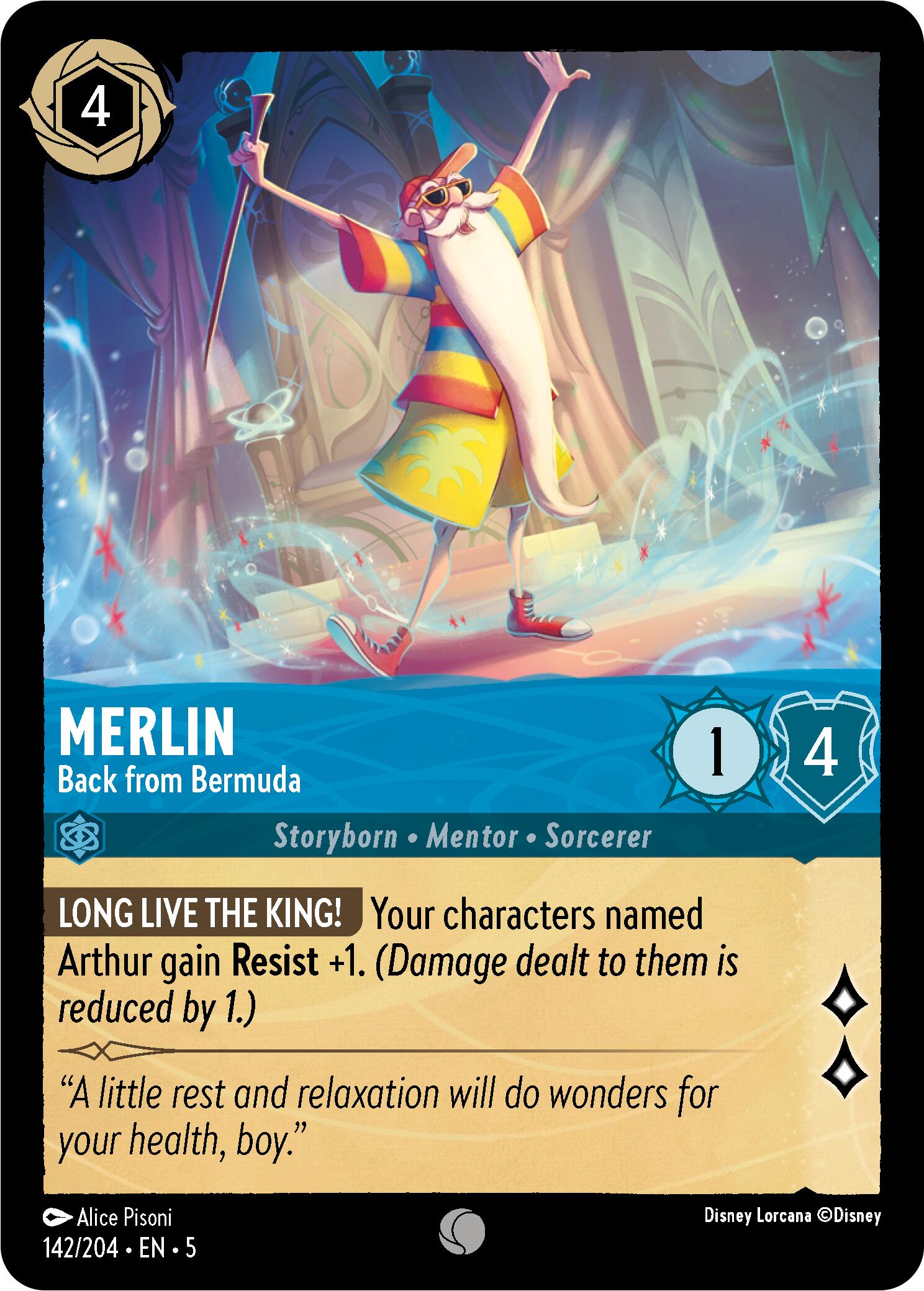 Image of a Disney Lorcana trading card featuring Merlin from the Shimmering Skies collection. The card, titled 