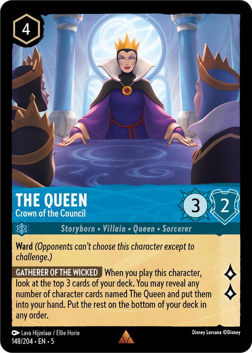 The Disney Lorcana trading card, "The Queen - Crown of the Council (148/204) [Shimmering Skies]", features an evil queen in regal attire standing behind a cauldron. It has a cost of 4, strength of 3, and willpower of 2. The card's abilities include Ward and Gatherer of the Wicked, along with detailed text and design elements.