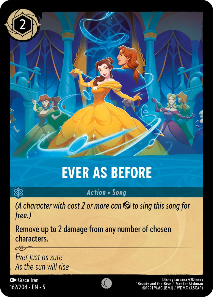 A Disney's "Ever as Before (162/204) [Shimmering Skies]" Magic: The Gathering card featuring Belle from "Beauty and the Beast." The card shows Belle dancing with the Beast in an ornate ballroom, beneath shimmering skies. Text below describes the card's abilities, including damage removal from chosen characters. The cost of the card is 2.