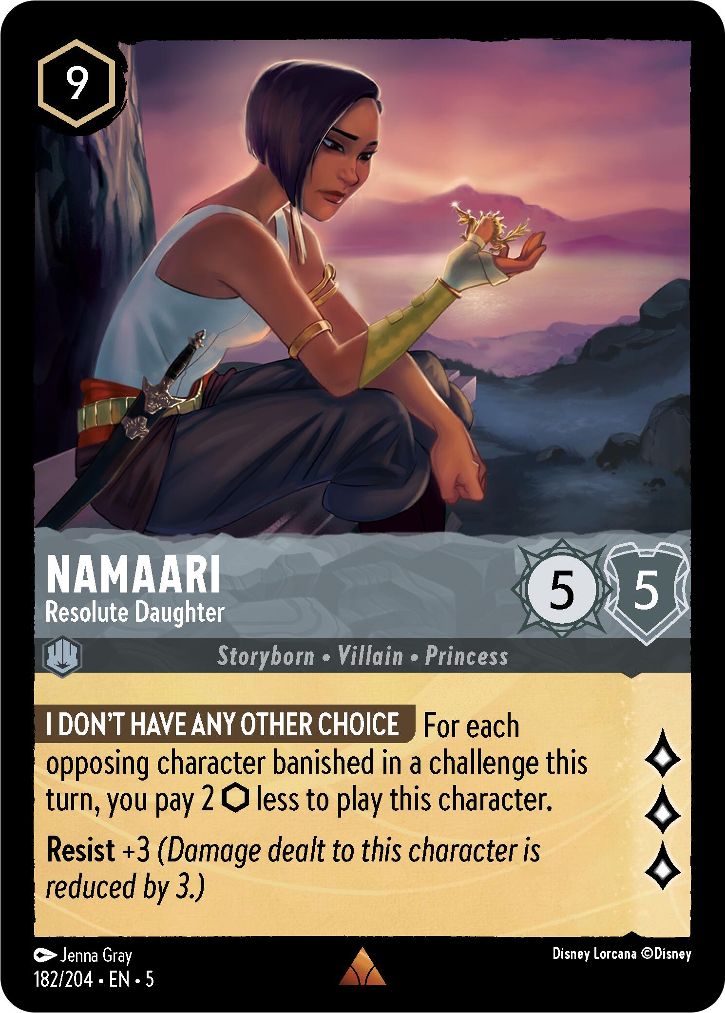 A Disney Lorcana trading card features Namaari, Resolute Daughter (182/204) from the Shimmering Skies set. She is seated outdoors at dusk, examining a glowing object in her hand. The rare card shows her stats: 9 cost, 5 power, and 5 toughness. The ability reads: 