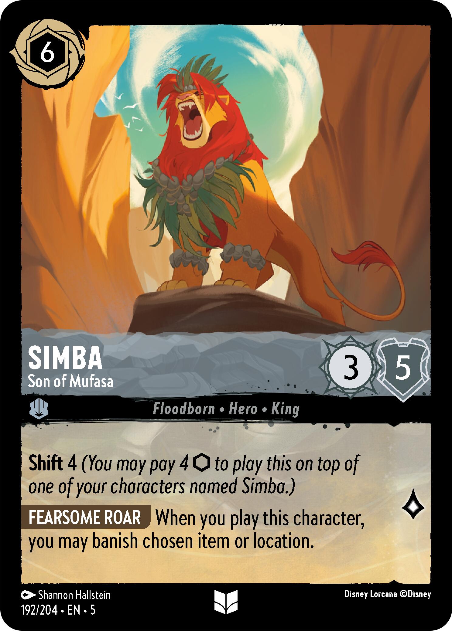 A card from the Disney Lorcana game featuring Simba - Son of Mufasa (192/204) [Shimmering Skies]. Simba is depicted in a heroic pose, standing on a rock ledge with a determined expression. The card details include a cost of 6, strength of 3, and willpower of 5. His special abilities are 